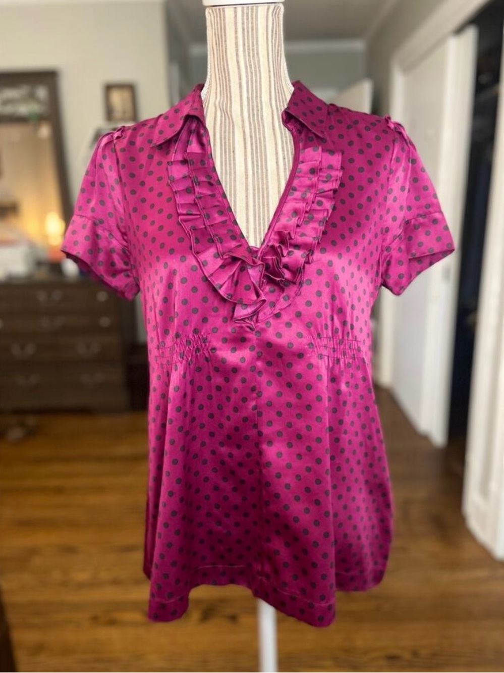 Banana Republic satin texture short sleeve blouse with collar and ruffled v neck